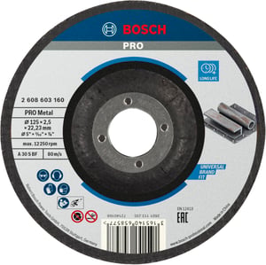Disc de tăiere metal Bosch PRO 125 x 2,5 x 22,23 mm, disc abraziv cu centru depresat pentru polizor unghiular