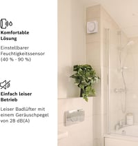Bosch Quiet Bathroom Fan W100 - Fürdőszobai Elszívó Ventilátor Páraérzékelővel és Időzítővel - 28dB Halk Működés - Penész Elleni Védelem - 1 3