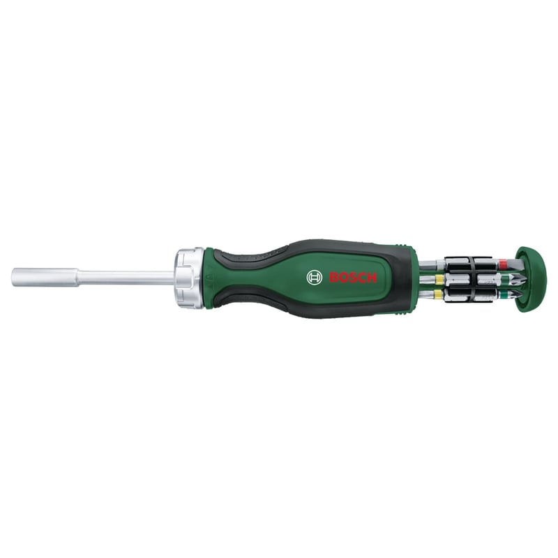 Șurubelniță cu clichet Bosch cu set de biți, set de 12 piese, verde, cu suport magnetic pentru biți, cuplu ridicat, ediția Amazon
