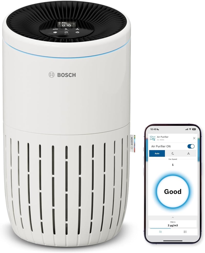 Bosch Thermotechnik Air 4000i alkalmazás vezérelt légtisztító 62,5 m2 3 az 1-ben szűrő okos szenzor éjszakai 25 dB 300 m3 óránként