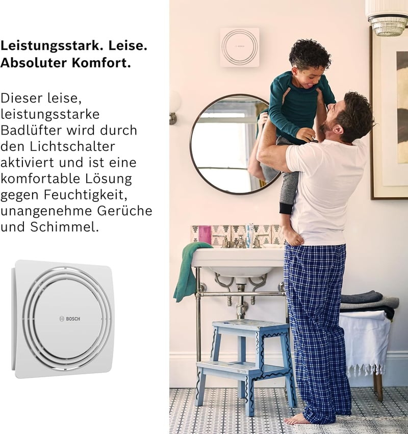 Bosch Thermotechnik W100 Fürdőszobai Ventilátor 28dB - Csendes Elszívó Penész Ellen, Villanykapcsolós Aktiválással, 75m³/h, 100mm, Fehér