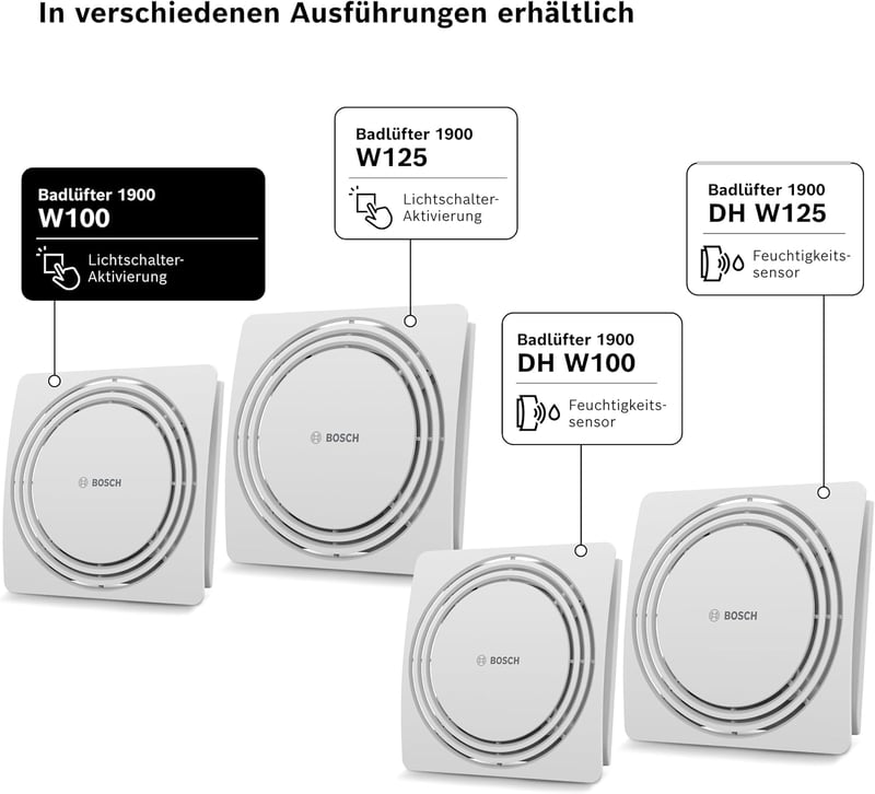 Bosch Thermotechnik W100 Fürdőszobai Ventilátor 28dB - Csendes Elszívó Penész Ellen, Villanykapcsolós Aktiválással, 75m³/h, 100mm, Fehér