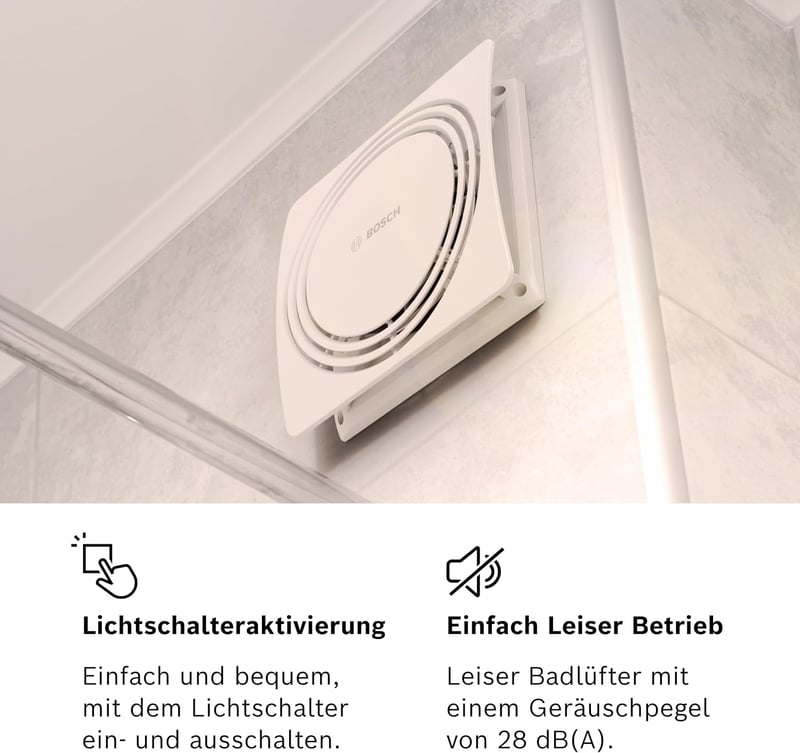 Bosch Thermotechnik W100 Fürdőszobai Ventilátor 28dB - Csendes Elszívó Penész Ellen, Villanykapcsolós Aktiválással, 75m³/h, 100mm, Fehér