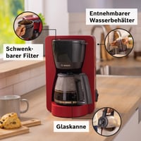 Cafetieră cu filtru Bosch TKA2M114 MyMoment, recipient din sticlă de 1,25 l, 10-15 cești, menținere la cald 40 minute, sistem anti-picurare, 1200 W, roșu mat 3