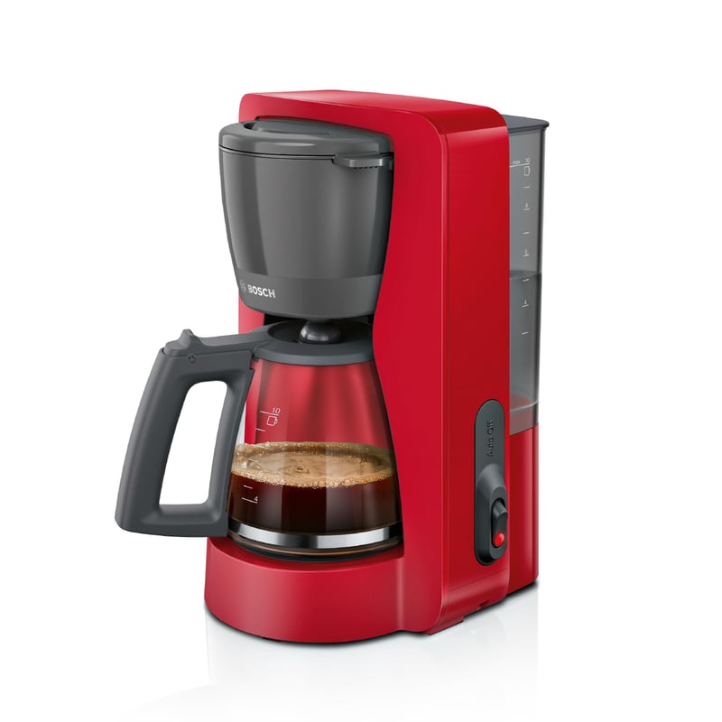 Cafetieră cu filtru Bosch TKA2M114 MyMoment, recipient din sticlă de 1,25 l, 10-15 cești, menținere la cald 40 minute, sistem anti-picurare, 1200 W, roșu mat