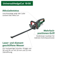 Akumulátorové nožnice na živý plot Bosch UniversalHedgeCut 18V-50 – 50 cm dĺžka čepele, s 2,5 Ah akumulátorom, 18V systém 6