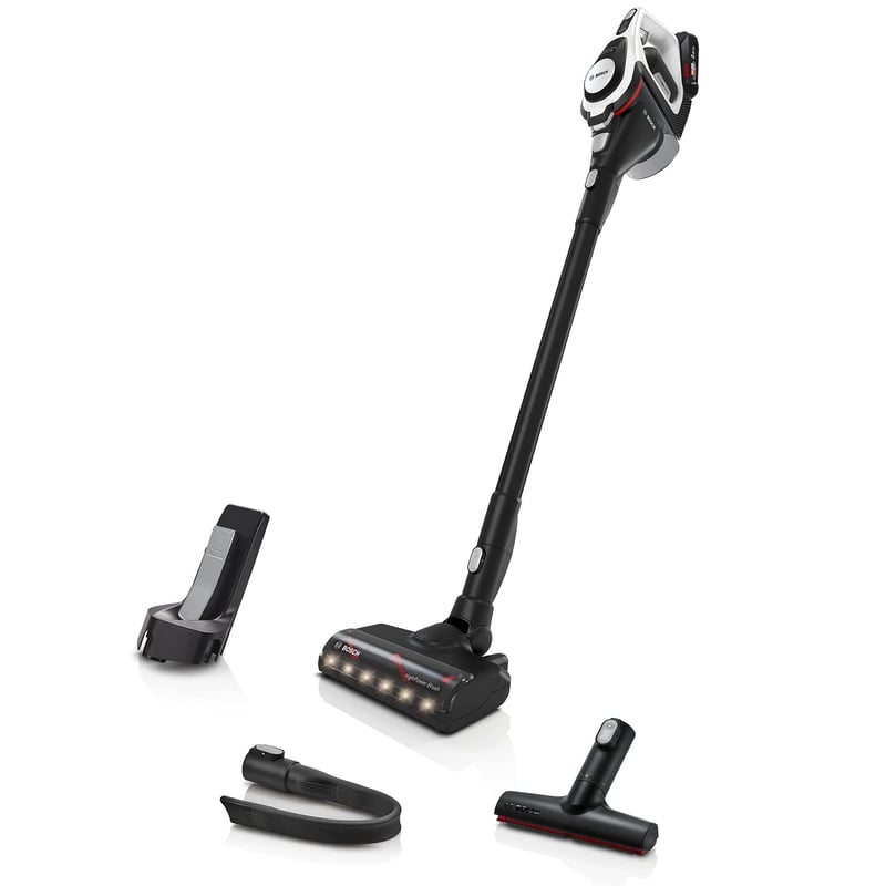 Aspirator vertical fără fir Bosch Unlimited Gen2 Series 8 BKS8214W, fără sac, autonomie 45 min, baterie interschimbabilă, perie cu LED, detectare automată a tipului de podea, alb