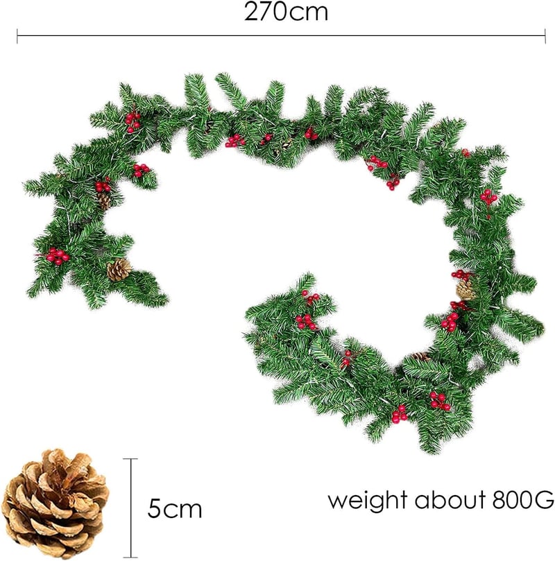 Boseago 270cm Karácsonyi Girland LED Világítással Lépcsőhöz Ajtóhoz Kandallóhoz