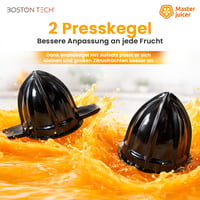 Elektrický lis na citrusy Boston Tech MasterJuicer – 700 ml, 2 nadstavce, bez BPA, nehrdzavejúca oceľ, odšťavovač pomarančov a citrónov na domáce použitie 3