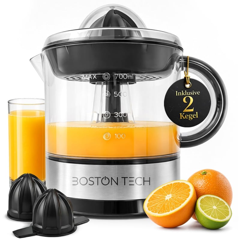 Elektrický lis na citrusy Boston Tech MasterJuicer – 700 ml, 2 nadstavce, bez BPA, nehrdzavejúca oceľ, odšťavovač pomarančov a citrónov na domáce použitie