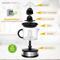 Elektrický lis na citrusy Boston Tech MasterJuicer – 700 ml, 2 nadstavce, bez BPA, nehrdzavejúca oceľ, odšťavovač pomarančov a citrónov na domáce použitie 7