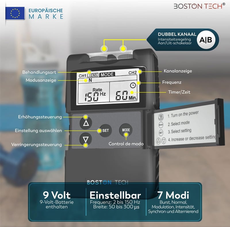 Boston Tech ME89 PRO TENS EMS készülék 7 móddal fájdalomcsillapítás és izomstimulációhoz