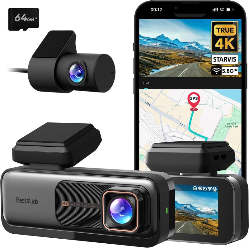 BOTSLAB 4K Autós Menetrögzítő Kamera GPS-szel és WiFi-vel - Első és Hátsó Kamera, 64GB SD Kártyával, ADAS, Éjjellátó, 170° Látószög