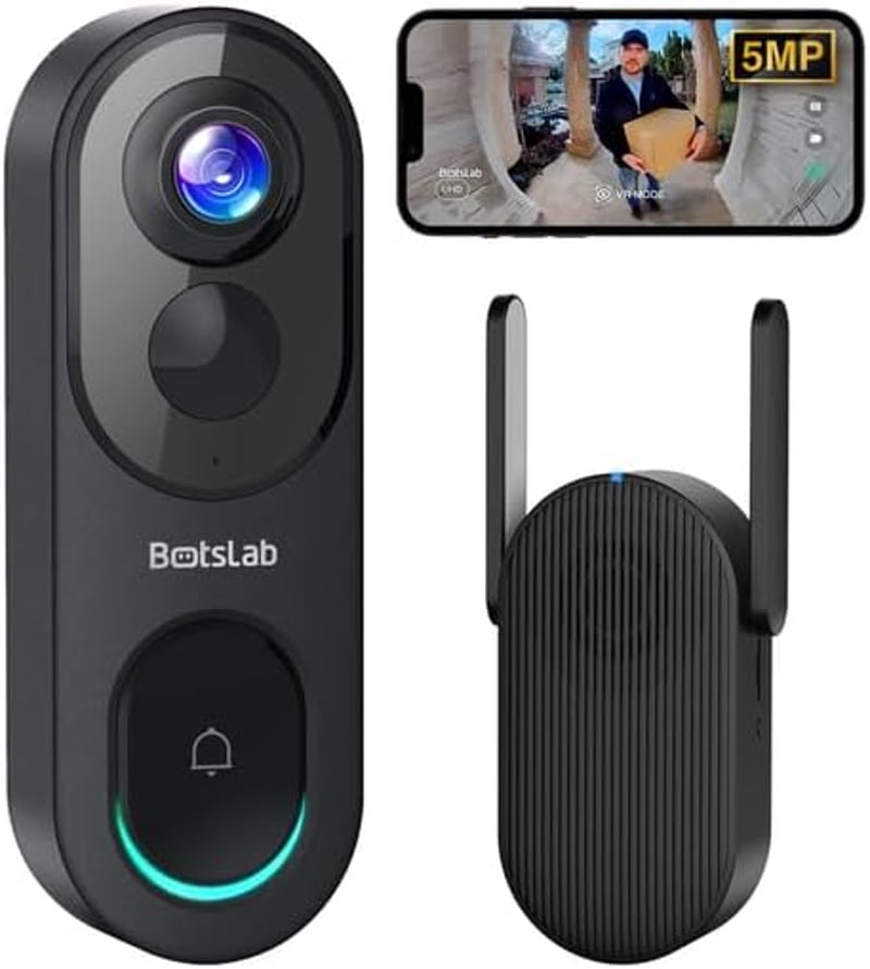 BOTSLAB 5MP Vezeték Nélküli Videó Kaputelefon, 360° Panoráma Nézet, AI/Radar/PIR Érzékelés, Akkumulátoros, Kétirányú Hang, Havi Díj Nélkül