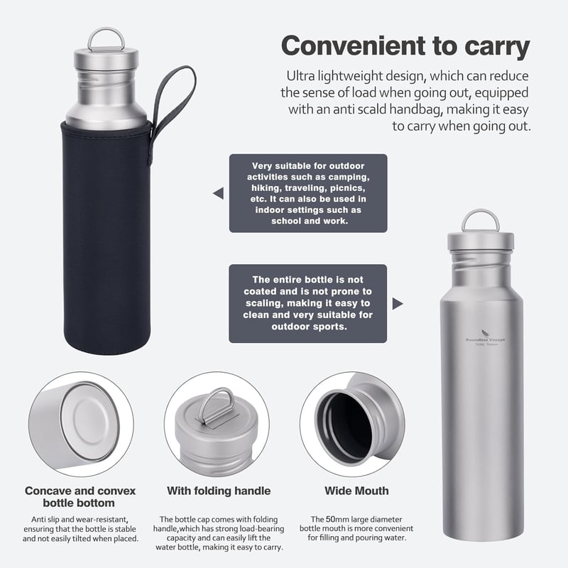 Boundless Voyage Titánium Kulacs 750ml - Ultrakönnyű Túra Sportpalack Titán Fedéllel Kempingezéshez, Kerékpározáshoz, Túrázáshoz
