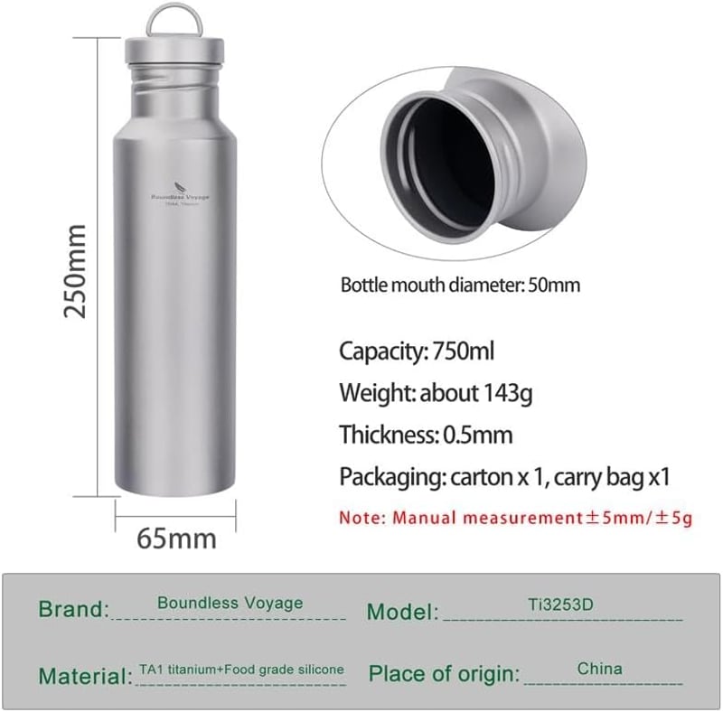 Boundless Voyage Titánium Kulacs 750ml - Ultrakönnyű Túra Sportpalack Titán Fedéllel Kempingezéshez, Kerékpározáshoz, Túrázáshoz