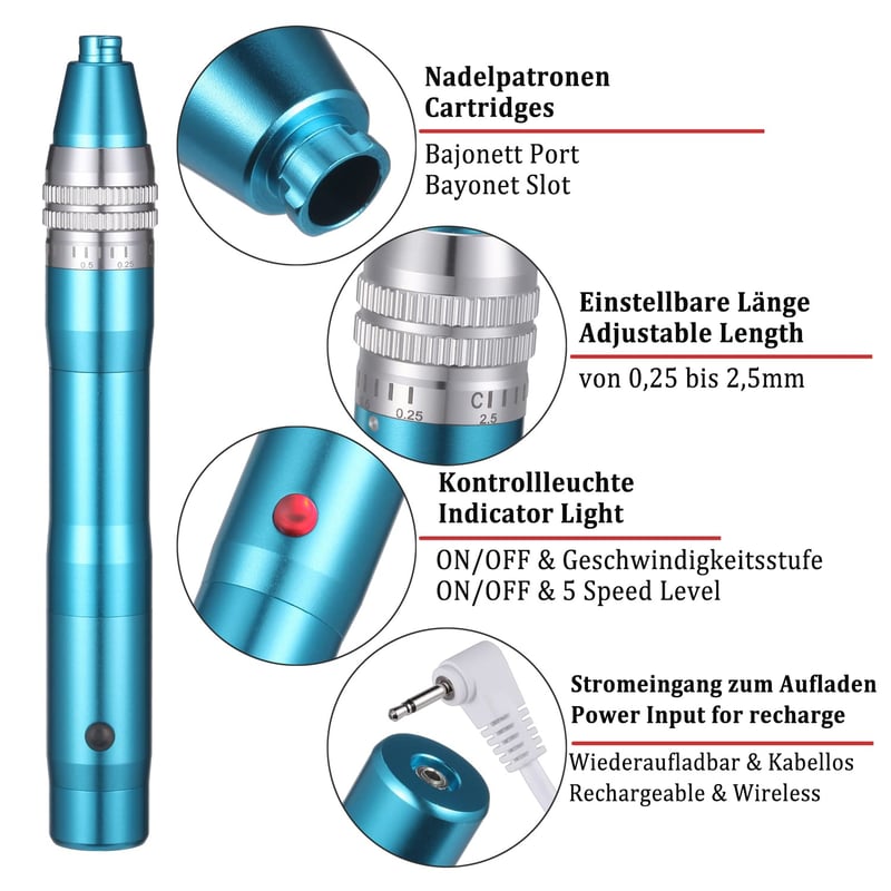 BOWKA Elektromos Derma Pen Mikrotűzéshez Vezeték Nélküli Állítható 0,25-2,5mm Kék Arckezelő Készülék Ránctalanításhoz