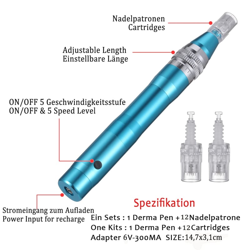 BOWKA Elektromos Derma Pen Mikrotűzéshez Vezeték Nélküli Állítható 0,25-2,5mm Kék Arckezelő Készülék Ránctalanításhoz
