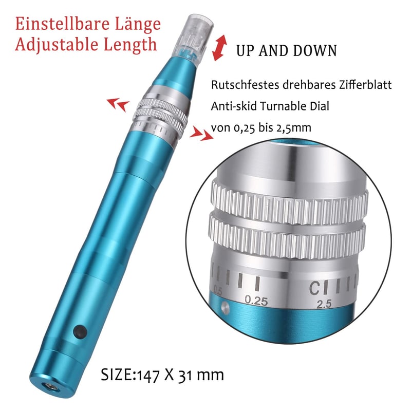 BOWKA Elektromos Derma Pen Mikrotűzéshez Vezeték Nélküli Állítható 0,25-2,5mm Kék Arckezelő Készülék Ránctalanításhoz