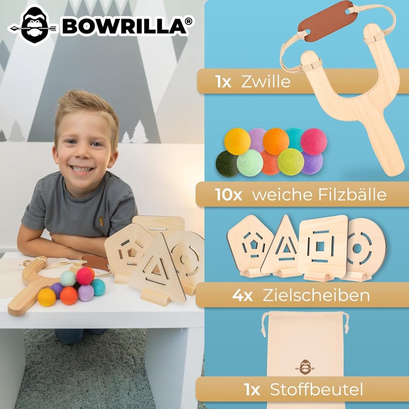 BOWRILLA Gyerekpuska 10 Puha Golyóval és 4 Fa Céltáblával - Bal és Jobbkezes Használatra
