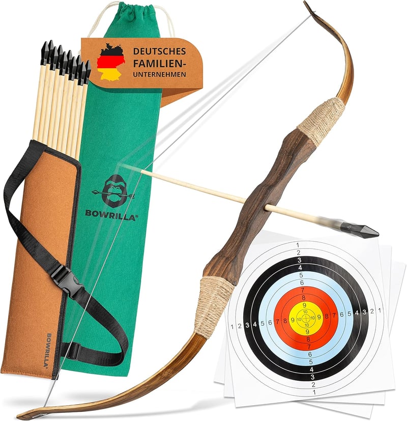 BOWRILLA Gyermek Íj és Nyílkészlet 10 Gumihegyű Nyíllal, Tegezzel és 3 Céltáblával - Bow 100 cm / dark green