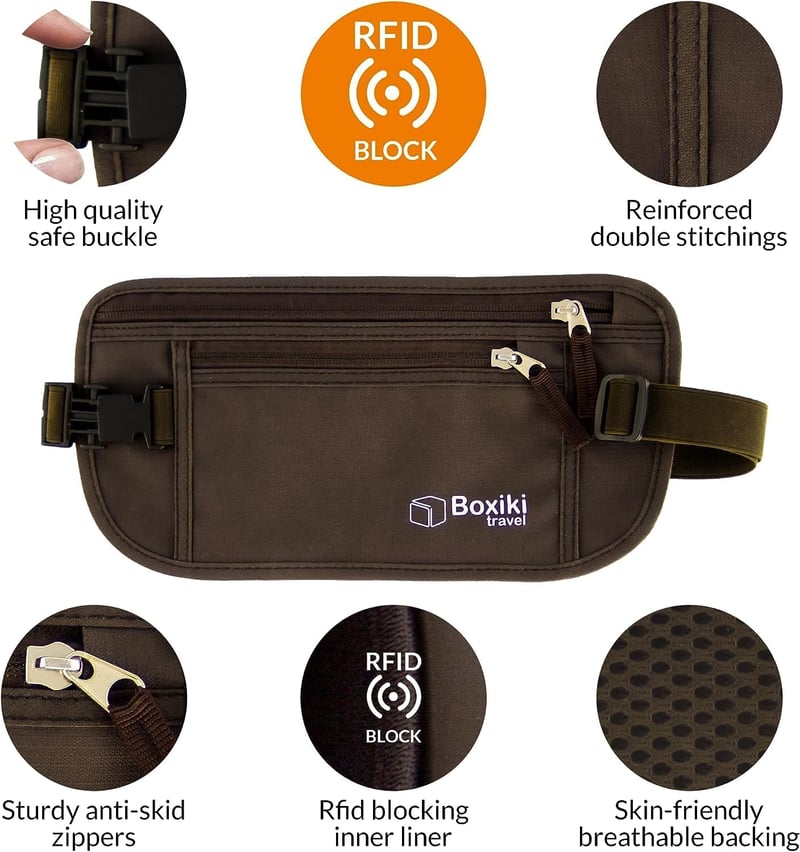 Boxiki Travel Pénzöv RFID Védelemmel - Utazási Övtáska és Kártyatartó Szett Készpénz és Okmányok Biztonságos Tárolásához, Barna, Unisex

AI: