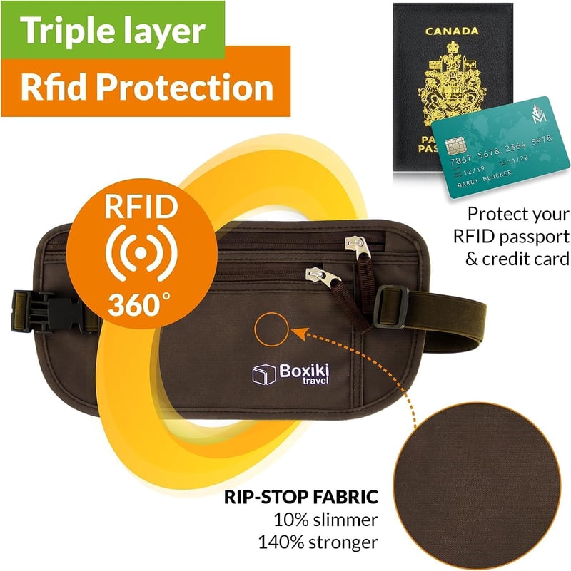 Boxiki Travel Pénzöv RFID Védelemmel - Utazási Övtáska és Kártyatartó Szett Készpénz és Okmányok Biztonságos Tárolásához, Barna, Unisex

AI: