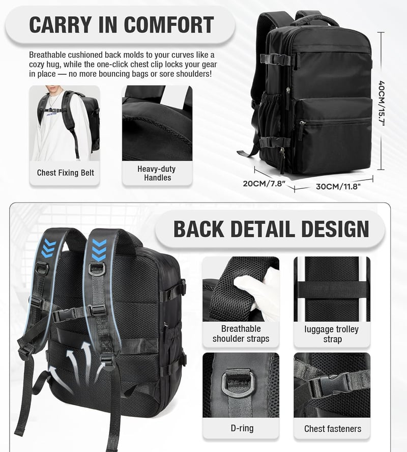 BOXSAM Ryanair Vákuum Hátizsák, Kézipoggyász, Utazási Backpack, Vízálló, 40x30x25cm