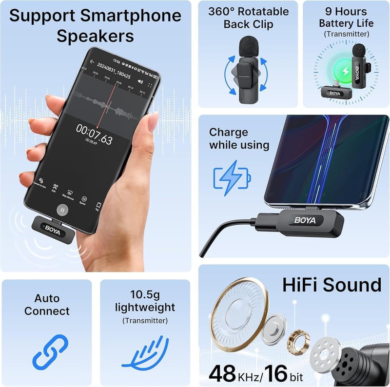 BOYA BY-V10 USB-C Vezeték nélküli Nyakpántos Mikrofon Android iPhone PC-hez