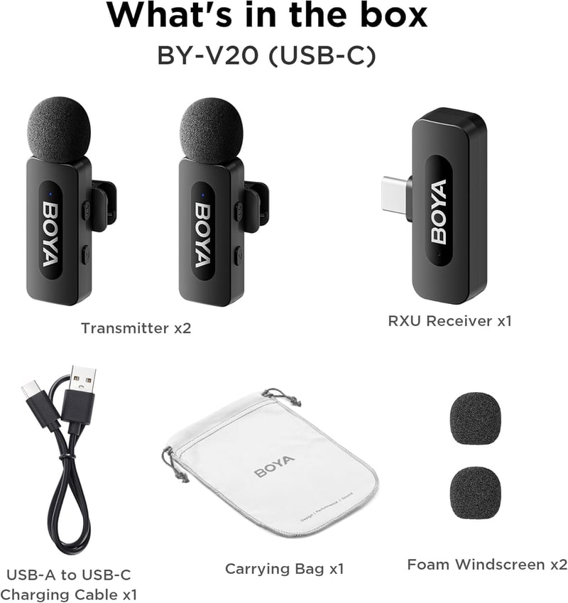 BOYA BY-V20 USB-C Vezeték Nélküli Lavalier Mikrofon Android PC-hez, 100m Hatótáv - BY-V20 (USB-C)