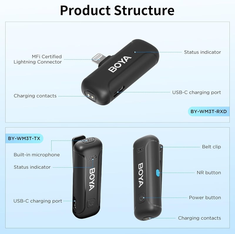 BOYA Wireless Lavalier mikrofon iPhone-hoz, zajcsökkentéssel, vloghoz és videózáshoz - BY-WM3T-D2 (Lightning)