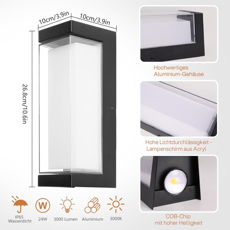 BOYIR 24W LED Fali Lámpa Mozgásérzékelővel, IP65, 3000K Meleg Fehér, Kültéri Beltéri