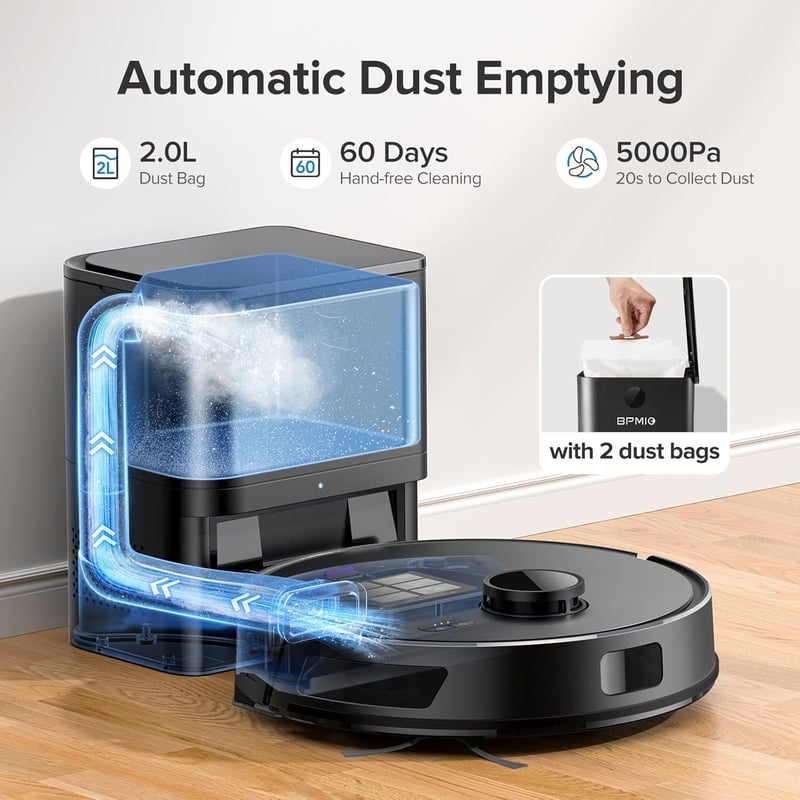 BPMIO Robotporszívó Ürítőállomással 5000Pa - 3in1 Felmosó Funkcióval, LiDAR Navigáció, 55dB Halk, WiFi/App/Alexa Vezérlés, 150 Perc Üzemidő