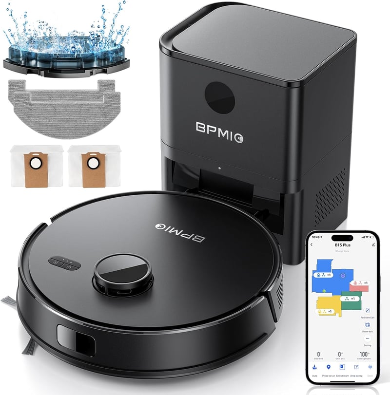 BPMIO Robotporszívó Ürítőállomással 5000Pa - 3in1 Felmosó Funkcióval, LiDAR Navigáció, 55dB Halk, WiFi/App/Alexa Vezérlés, 150 Perc Üzemidő