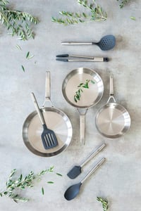 Set 3 tigăi BRA Signature din oțel inoxidabil (20-24-26 cm), inox 18/10, fără strat antiaderent, bază difuzoare triplă, compatibile cu inducție 7