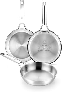 Set 3 tigăi BRA Signature din oțel inoxidabil (20-24-26 cm), inox 18/10, fără strat antiaderent, bază difuzoare triplă, compatibile cu inducție 1