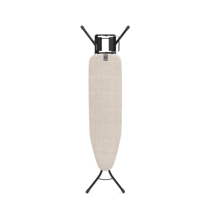 Žehliaca doska Brabantia 110x30 cm Denim Grey, poťah zo 100 % Fairtrade bavlny, nastaviteľná výška, odkladacia plocha na naparovaciu žehličku, detská poistka a zámok pri prenášaní