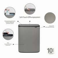 Odpadkový kôš do kuchyne Brabantia Bo Touch Bin 221460, 2x30 litrov s vnútornými vedrami, vyberateľné priehradky, minerálna betónová sivá, 60 l 2
