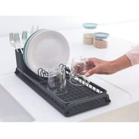 Uscător de vase Brabantia Compact, Gri închis, 20x46 cm, din aluminiu, cu tavă de scurgere și coș detașabil pentru tacâmuri 6