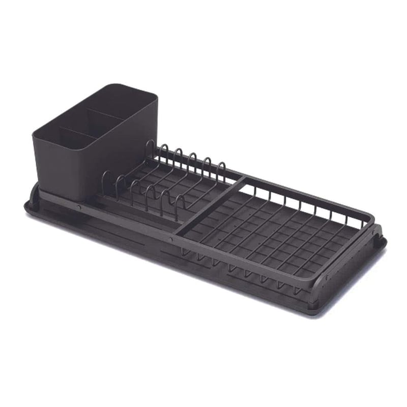 Uscător de vase Brabantia Compact, Gri închis, 20x46 cm, din aluminiu, cu tavă de scurgere și coș detașabil pentru tacâmuri