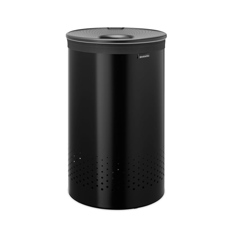 Coș de rufe Brabantia Matt Black cu capac, 60 L, sac de bumbac detașabil și orificiu Quick-Drop, cu economie de spațiu