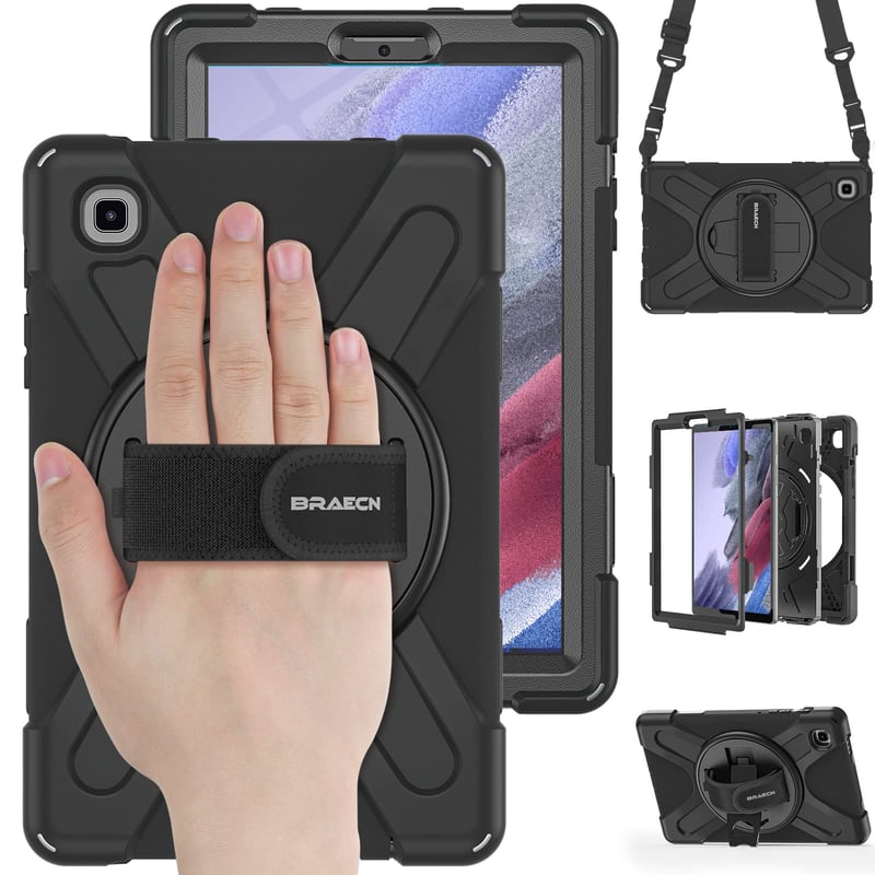 BRAECN Puzdro na Samsung Galaxy Tab A7 Lite 8.7" 2021, nárazuvzdorné s 360° otočným stojanom a remienkom na ruku, s popruhom cez rameno, SM-T225/T220/T227, čierne