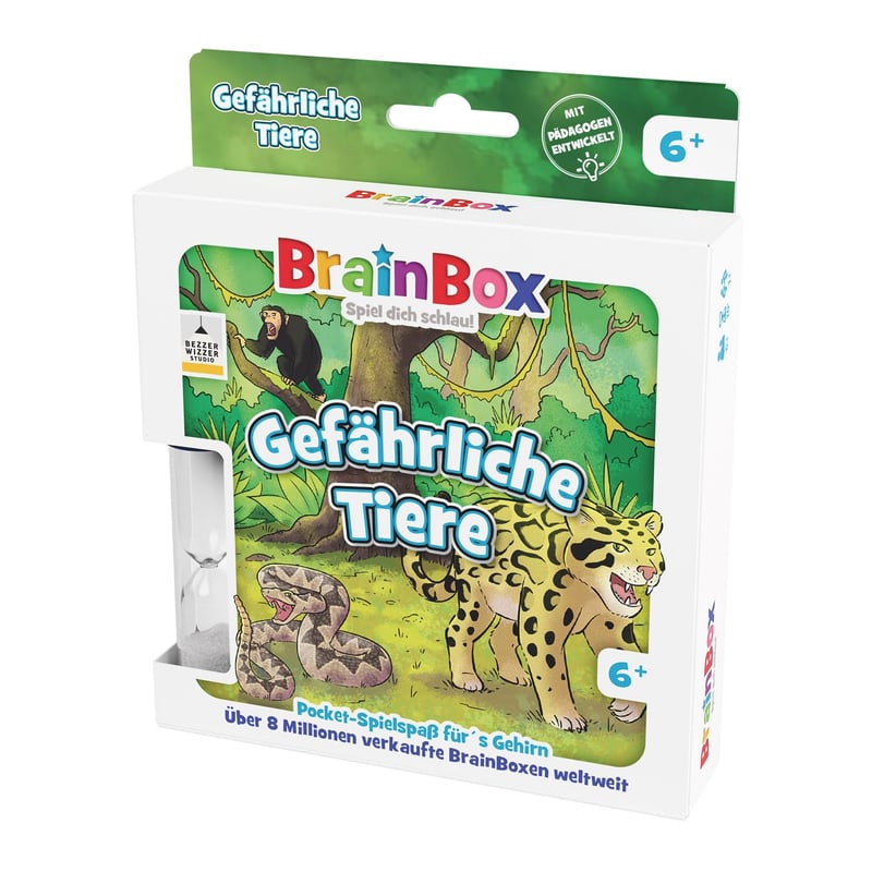 Brain Box 2054902 Pocket Edition Nebezpečné zvieratá – Kompaktná pamäťová a kvízová hra pre deti od 6 rokov, cestovná hra