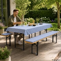 Brandsseller 3-dielna súprava na pivný set - 2x polstrovaný poťah na lavicu 220x25 cm a obrus 240x70 cm - Modrý kockovaný vzor pre záhradné piknikové sedenie 3
