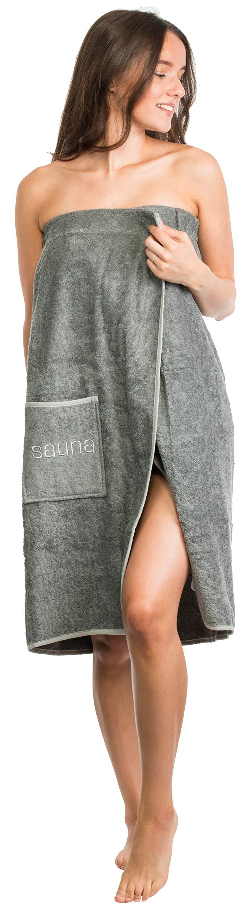 Dámsky saunový kilt Brandsseller, veľkosť S-XXL, so suchým zipsom, elastickým pásom a vreckom, 100 % bavlna, sivý