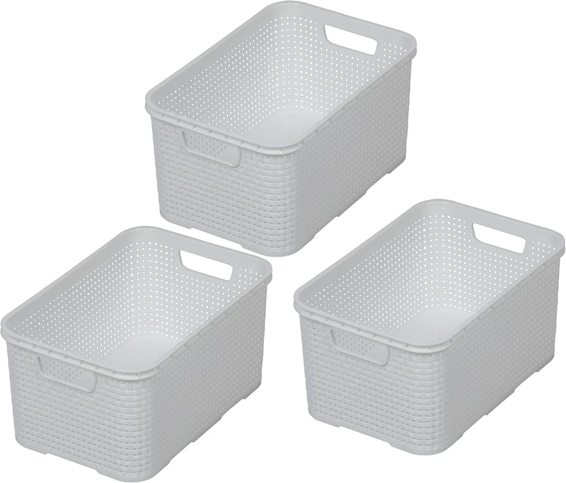 BranQ Home essential 3 darabos fehér rattan hatású tárolódoboz szett, 10 literes, BPA-mentes polipropilén - 10L, White