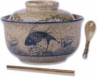Braozaiw 800ml kerámia ramen tál szett halakkal, japán nodle bowlok evőeszközzel 1