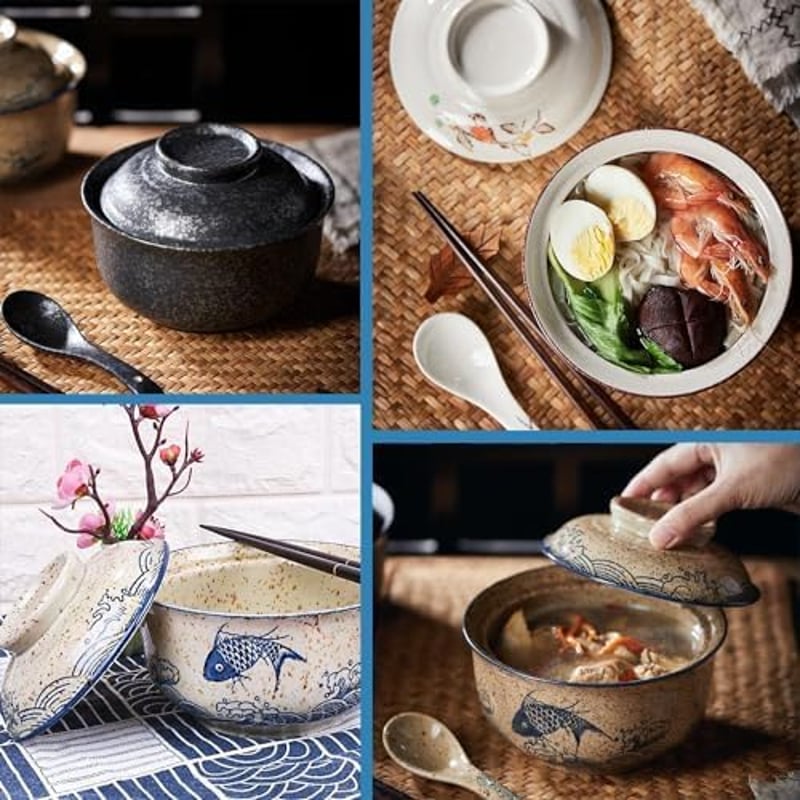 Braozaiw 800ml kerámia ramen tál szett halakkal, japán nodle bowlok evőeszközzel