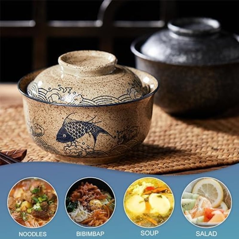 Braozaiw 800ml kerámia ramen tál szett halakkal, japán nodle bowlok evőeszközzel