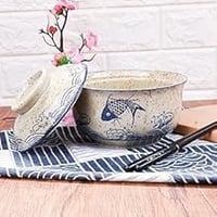 Braozaiw 800ml kerámia ramen tál szett halakkal, japán nodle bowlok evőeszközzel 4